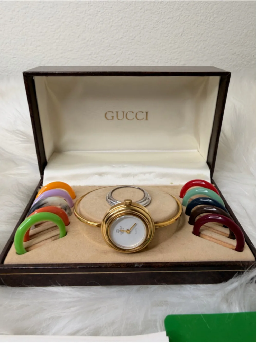 Vintage Gucci Interchangeable Bezel Bangle Watch, w/ 12 bezels, box & paperwork